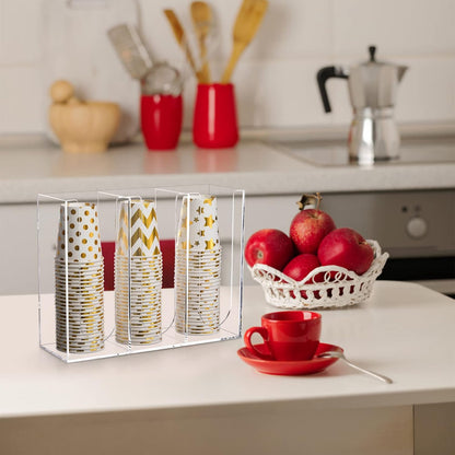 Acrylic Coffee Cup and Lid Storage Organizer, 3 Compartment Disposable Paper Cup Dispenser Organizer, Clear Plastic Cups and Lids Holder for Kitchen Coffee Bar Shop Party Supplies