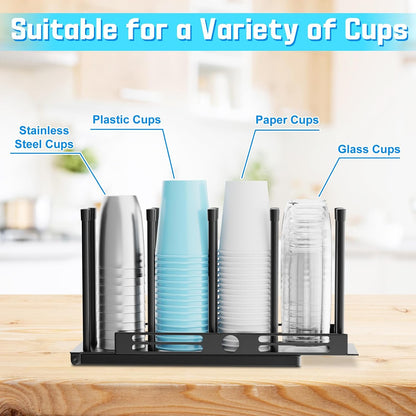 Coffee Cup and Lid Holder, 4 Compartment Metal Cup Dispenser, Black