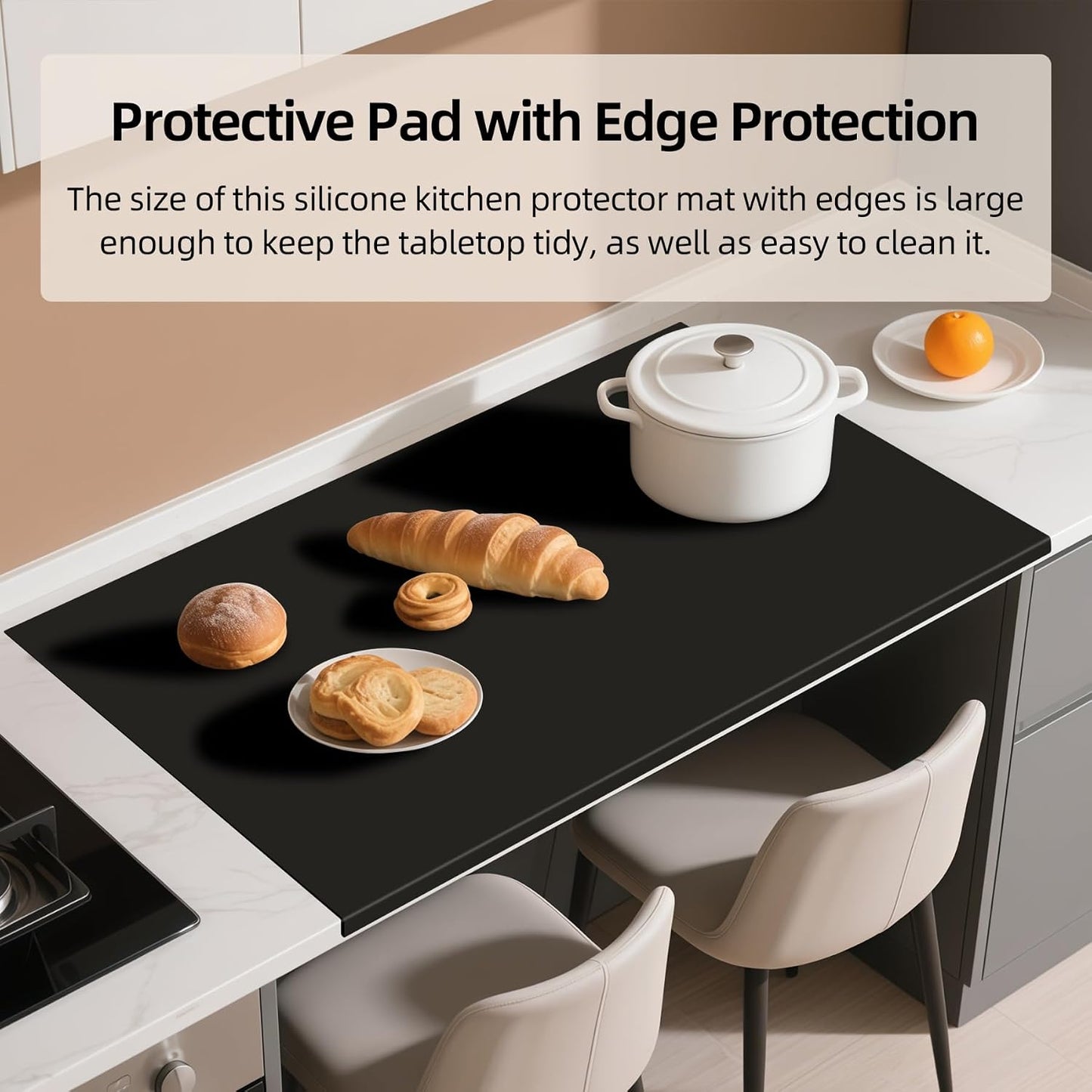 Silicone Mat with Edge Protection, 28" x 20" Large Kitchen Counter Protector Mat, Heat Resistant Desk Saver Pad for Craft Baking, Cut to Fit Placemat Non-Slip Easy to Clean Table Coffee Mat (White)