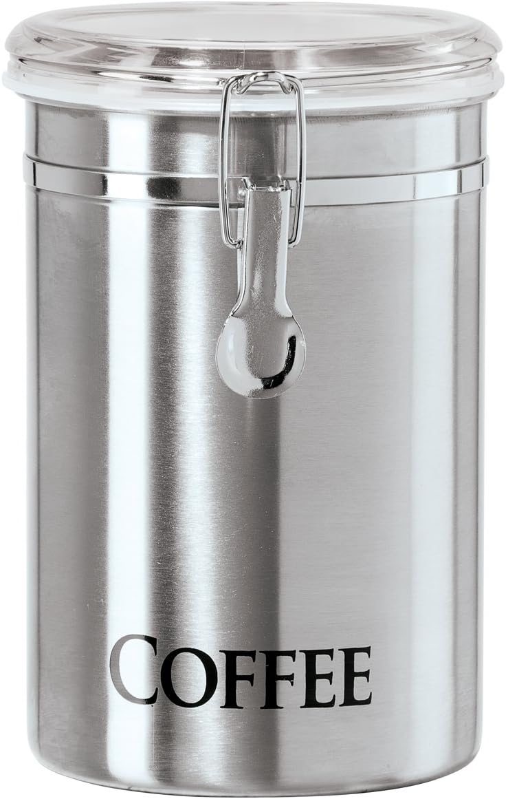 Oggi Stainless Steel Sugar Canister 62 fl oz - Airtight Clamp Lid, Clear See-Thru Top - Ideal Sugar Container for Countertop, Sugar Jar, Bulk Sugar Storage. Large Size 5" x 7.5".