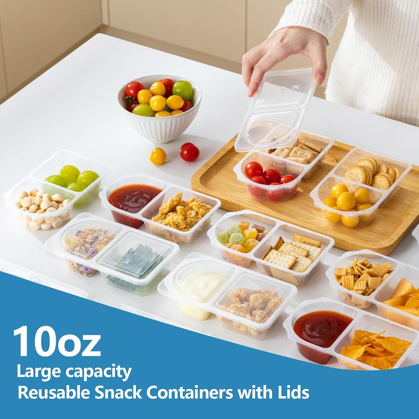 10 oz Reusable Snack Containers with Lids for Kid, 2 Compartment Large Capacity Condiment Portion Control Containers for School lunch, Go out Travel, Party