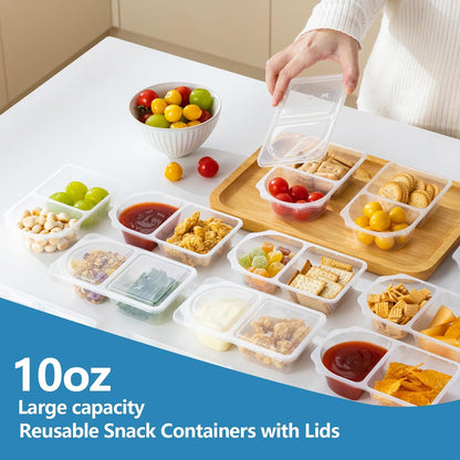 10 oz Reusable Snack Containers with Lids for Kid, 2 Compartment Large Capacity Condiment Portion Control Containers for School lunch, Go out Travel, Party