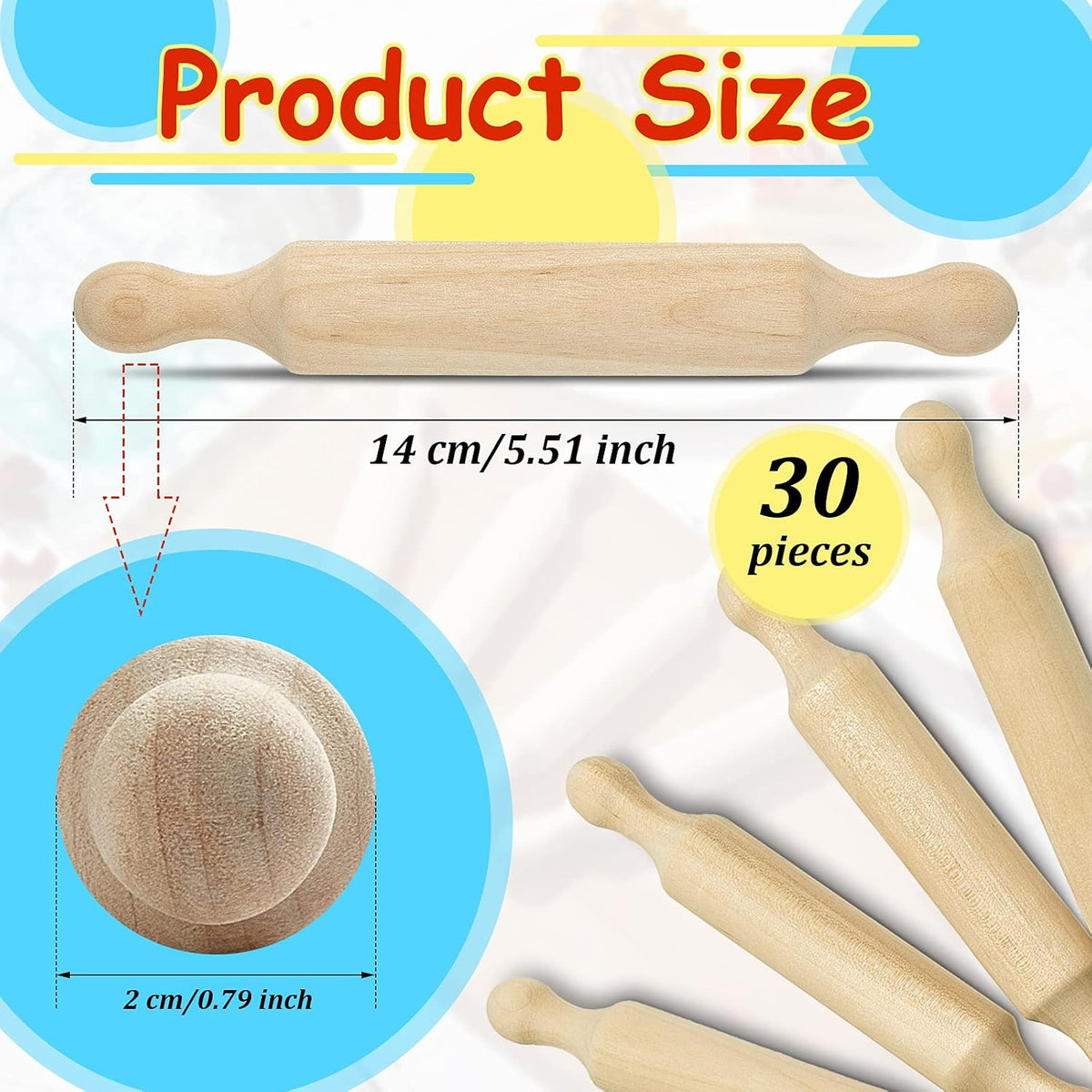 Suclain 30 Pcs Wooden Mini Rolling Pin Long Kitchen Baking Small Dough Rolling Pin for Children Fondant Pastry Pizza Crafting and Imaginative Play for Halloween and Christmas Presents (6 Inches)