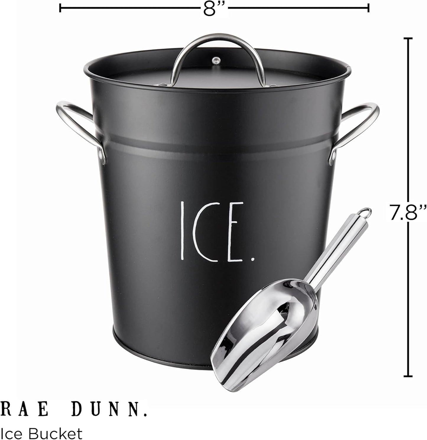 Rae Dunn Ice Bucket with Scoop - Stainless Steel Bucket with Handle, Lid and Ice Scooper - 4 Qt. Storage Bin for Ice Cubes for Bars, Parties, Backyard Barbeques, Picnics, and Camping (Black)