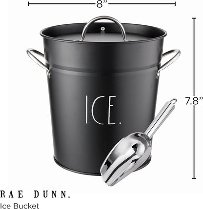 Rae Dunn Ice Bucket with Scoop - Stainless Steel Bucket with Handle, Lid and Ice Scooper - 4 Qt. Storage Bin for Ice Cubes for Bars, Parties, Backyard Barbeques, Picnics, and Camping (Black)