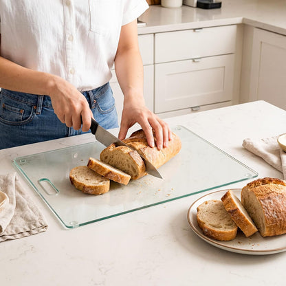Okllen Set of 2 Tempered Glass Cutting Board for Kitchen, Non Toxic Clear Glass Chopping Boards with Non-Slip Mats, Easy to Clean, 16x12 & 12x8 inch