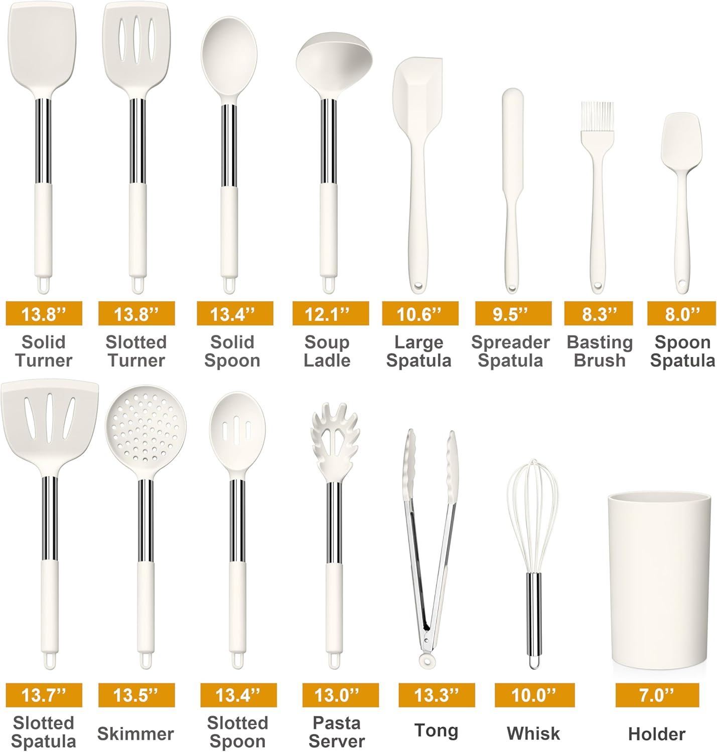 LIANYU 15 Pcs Kitchen Cooking Utensils Set with Holder, Silicone Kitchen Tools with Stainless Steel Handle, Heat Resistant Gadgets, Brush Spatula Spoon Whisk for Cookware, Dishwasher Safe, Khaki