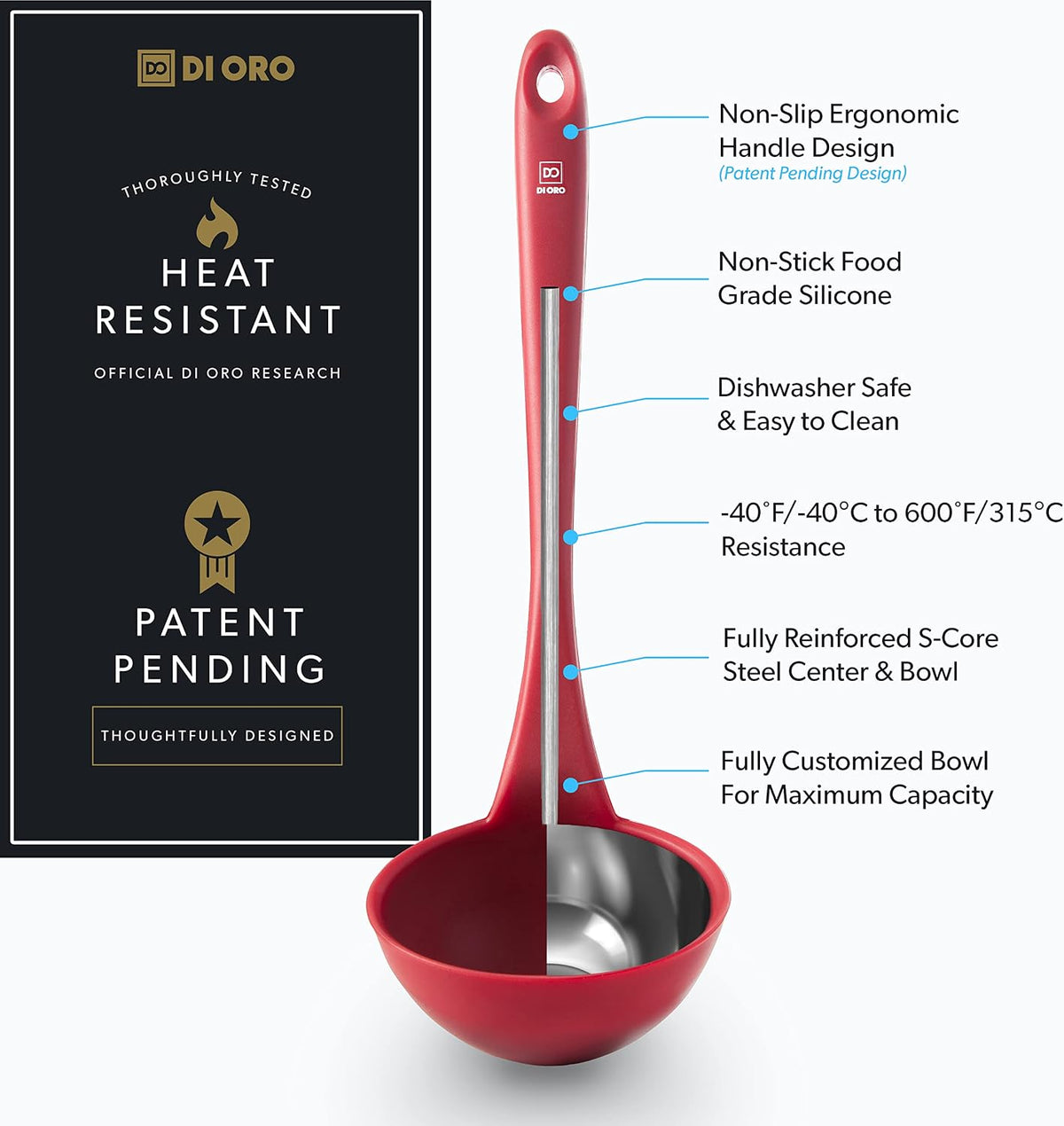 DI ORO Silicone Ladle - Soup & Serving, 600F Heat Resistant, Black