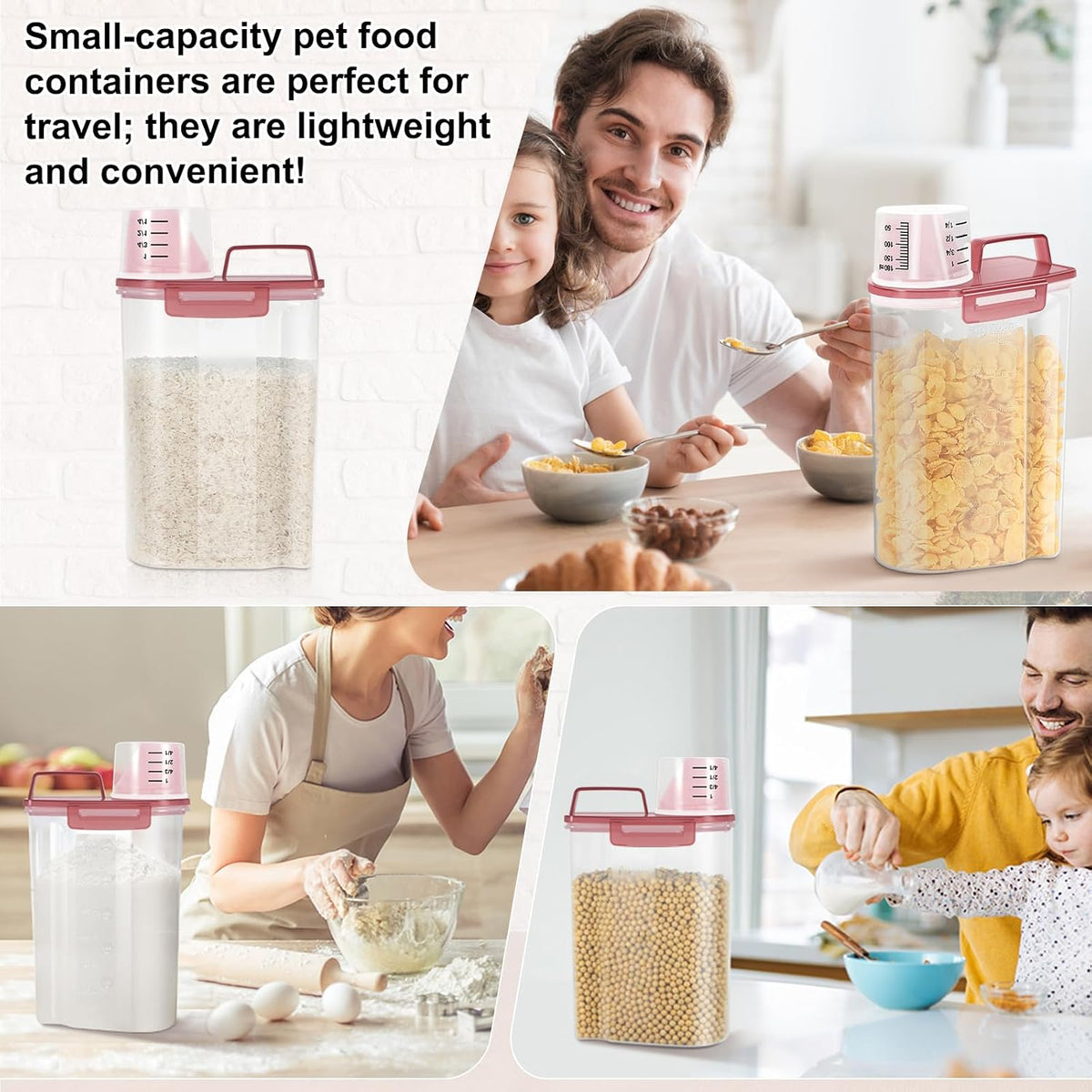 LEAWALK Airtight Rice Storage Container, 3-5Lbs Cereal Dry Food Flour Bin, Pet Dog Cat Food Dispenser with Measuring Cup, BPA Free Plastic Kitchen and Pantry Organization Bin for Sugar-Clear Grey