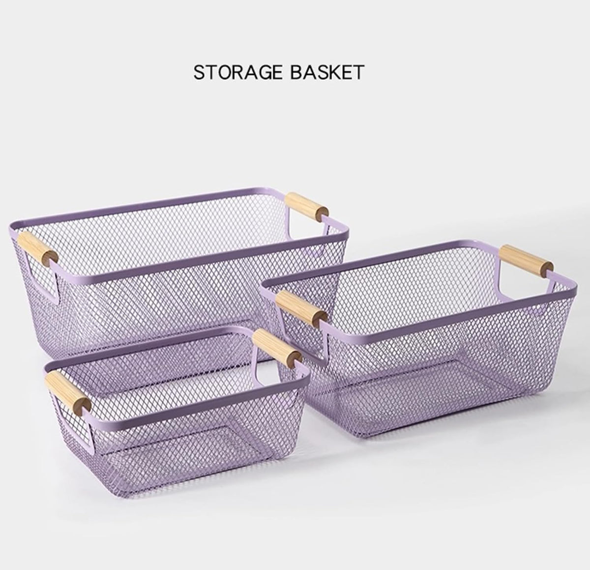 AJIODA Metal Mesh Steel Basket, Large Wire Storage Organizer Basket Multi-function Hanging Kitchen Baskets with Wood Handle for Kitchen Bathroom Picnic Home, Rectangle-Off White