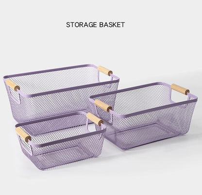 AJIODA Metal Mesh Steel Basket, Large Wire Storage Organizer Basket Multi-function Hanging Kitchen Baskets with Wood Handle for Kitchen Bathroom Picnic Home, Rectangle-Off White