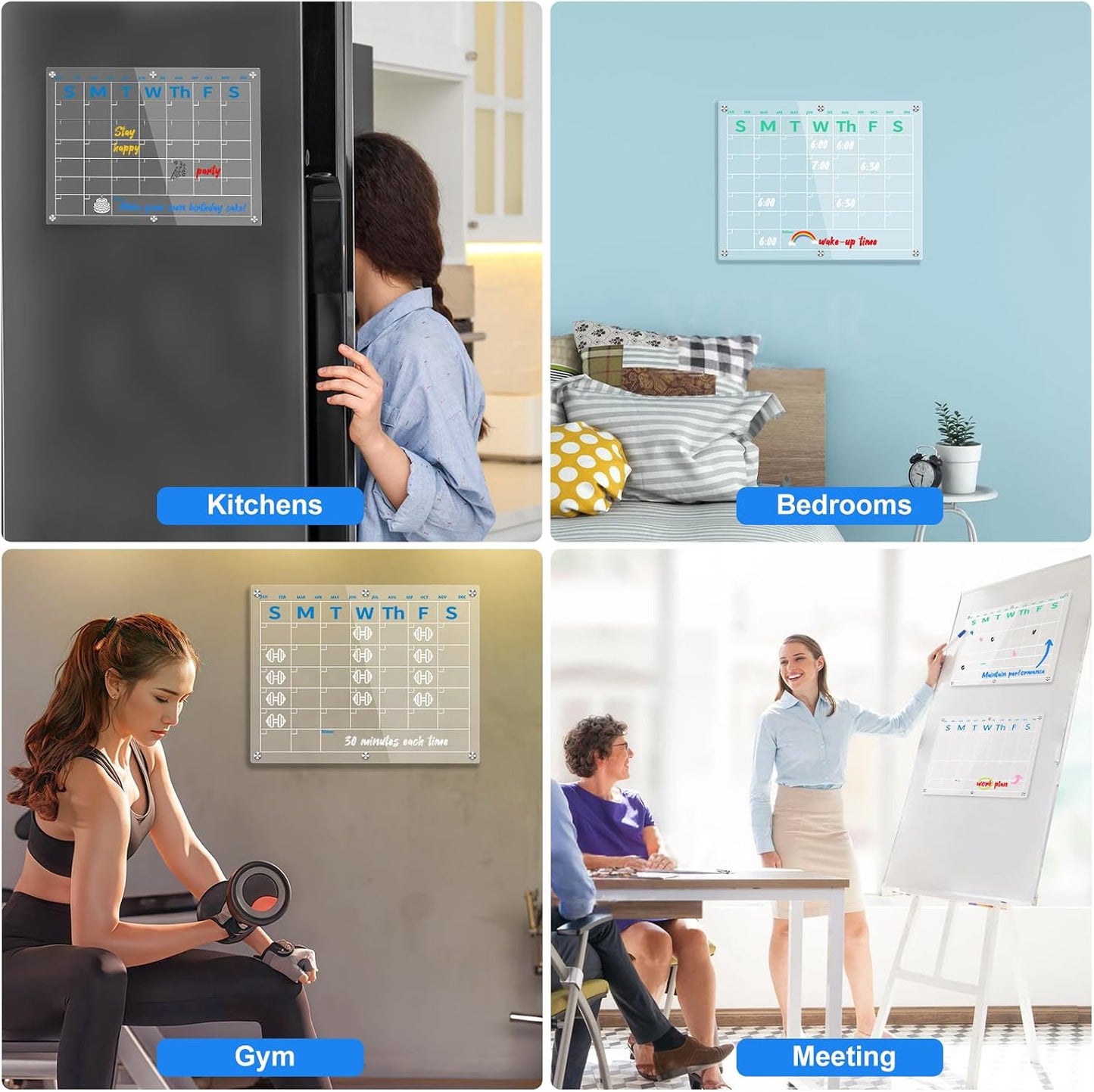 Fridge Calendar 15"x11", Magnetic Calendar for Refrigerator, Acrylic Whiteboard Calender Dry Erase, Monthly Meal Planner for Refrigerator, w/8 Markers (Blue)