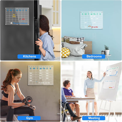 Fridge Calendar 15"x11", Magnetic Calendar for Refrigerator, Acrylic Whiteboard Calender Dry Erase, Monthly Meal Planner for Refrigerator, w/8 Markers (Blue)