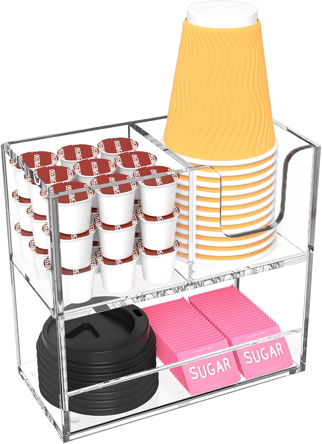 Coffee Condiment and Cup Organizer - 2-Tier Upright Cup and Lid Holder with Straw Organizer 2 Compartments Clear Acrylic Cup Dispenser for Restaurant Breakroom Coffee Station Countertop