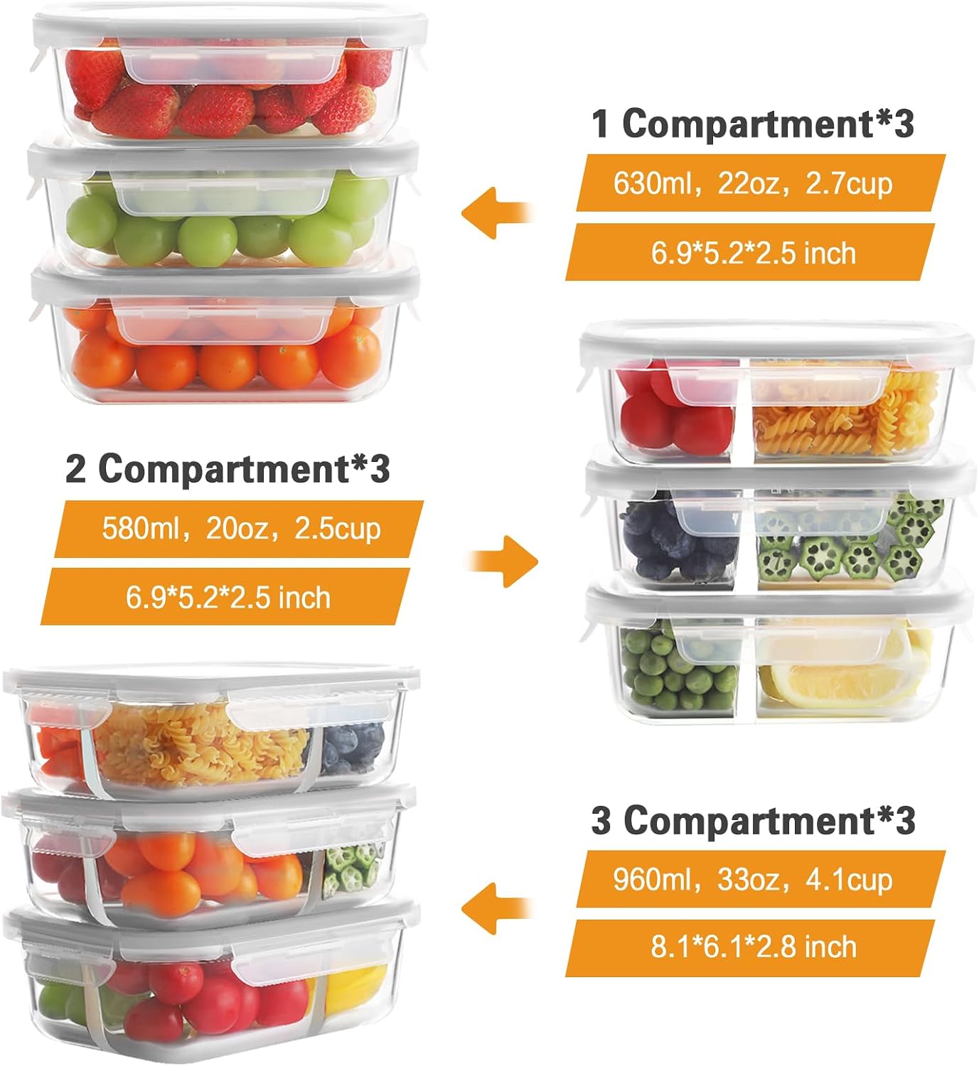 Bayco 9 Pack Glass Meal Prep Containers - 3, 2 & 1 Compartment Glass Food Storage Containers with Lids, Airtight & Leak Proof Lunch Bento Boxes - Grey