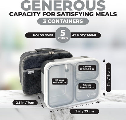 Stainless Steel Bento Lunch Box Set For Adults, Kids - Insulated Bag And Ice Pack - Leak-Proof Metal Compartment Meal Prep Food & Snack Containers For Work Travel School Daycare, 42 Oz Grey Black