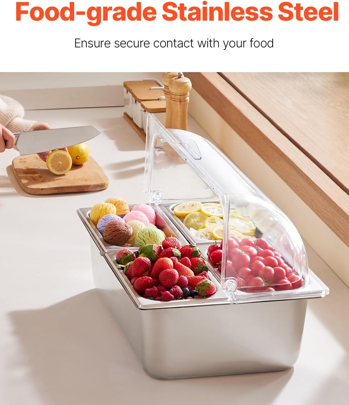 VEVOR Chilled Condiment Server Caddy, 5 Compartment Ice Cooled Serving Container, Plastic Fruit Garnish Tray Platter with Lid, for Taco Salad Bar Accessories, Party Home Restaurant Supplies