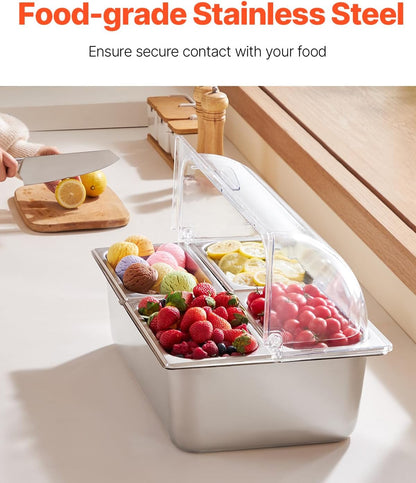 VEVOR Chilled Condiment Server Caddy, 5 Compartment Ice Cooled Serving Container, Plastic Fruit Garnish Tray Platter with Lid, for Taco Salad Bar Accessories, Party Home Restaurant Supplies