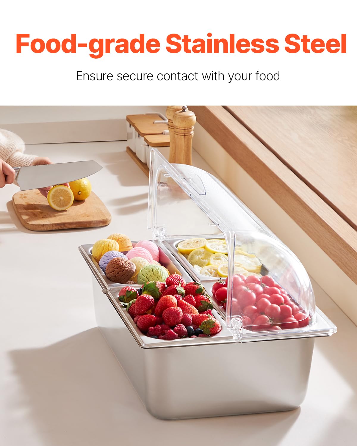 VEVOR Chilled Condiment Server, 4 Compartment Ice Cooled Condiment Serving Container, Chilled Garnish Tray Bar Caddy with Lid, for Bartending & Serving Taco, Salad, Fruit, Home & Restaurant Supplies