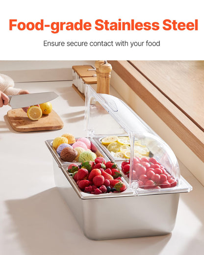 VEVOR Chilled Condiment Server, 4 Compartment Ice Cooled Condiment Serving Container, Chilled Garnish Tray Bar Caddy with Lid, for Bartending & Serving Taco, Salad, Fruit, Home & Restaurant Supplies