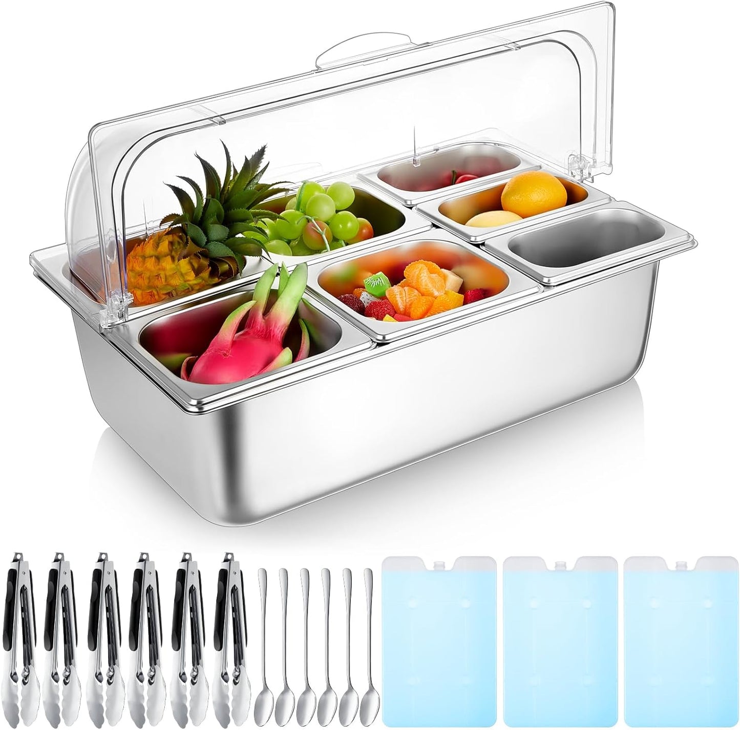 Condiment Tray Stainless Steel Serving Display Set with Lid for Buffet Restaurant Kitchen, Food Chilled Container for Salad Fruit Condiments, Keeps Food Fresh with Ice Box(6 Compartments)