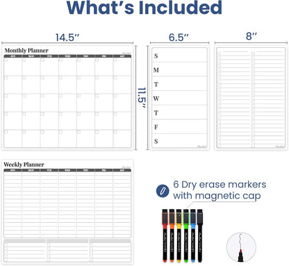 Non-Magnetic Dry Erase Calendar Set for Fridge - 14.5“x11.5 Reusable Monthly and Weekly Calendar - 6.5"x11.5" Menu and List Board Sticks to Most Smooth Surfaces - 6 Dry Erase Markers Included