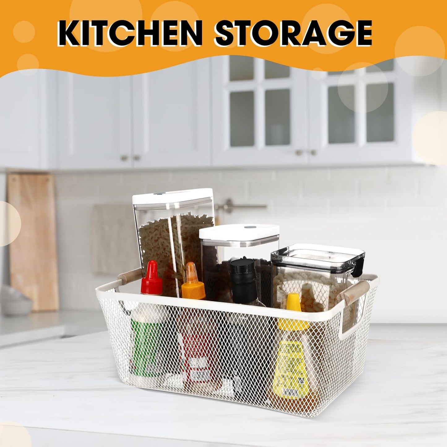 Ziliny 4 Pcs Metal Mesh Wire Baskets with Wooden Handles for Organizing, Pantry Organizers and Storage Steel Bin Kitchen Baskets for Fruit Potato Onion Snacks Bathroom Cabinet(Medium,Cream White)
