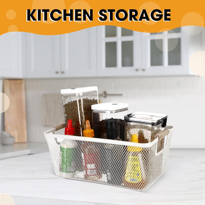 Ziliny 4 Pcs Metal Mesh Wire Baskets with Wooden Handles for Organizing, Pantry Organizers and Storage Steel Bin Kitchen Baskets for Fruit Potato Onion Snacks Bathroom Cabinet(Medium,Cream White)