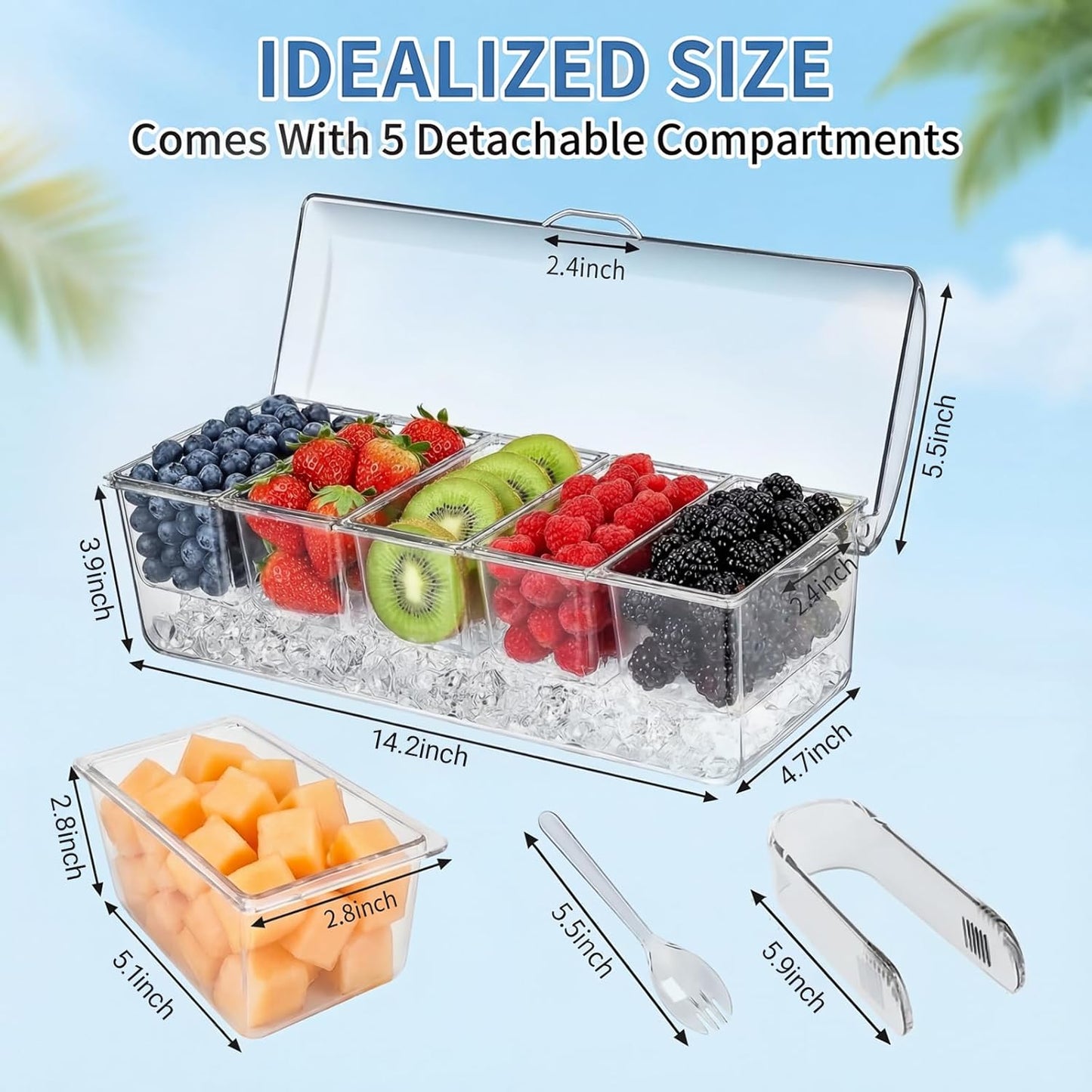Ice Chilled Condiment Caddy with Lid - 5 Removable Compartments, Serving Containers for Fruit, Caddy, Snack, Sauce, Bar Garnish Holder on Ice, Clear Garnish Tray for Parties and Restaurants (1 Pack)