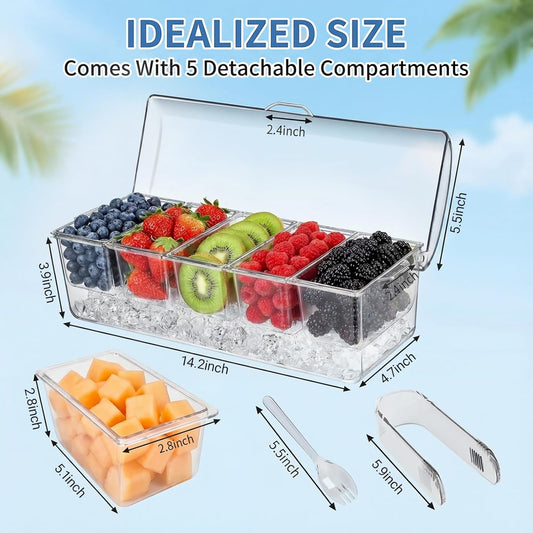 Ice Chilled Condiment Caddy with Lid - 5 Removable Compartments, Serving Containers for Fruit, Caddy, Snack, Sauce, Bar Garnish Holder on Ice, Clear Garnish Tray for Parties and Restaurants (1 Pack)