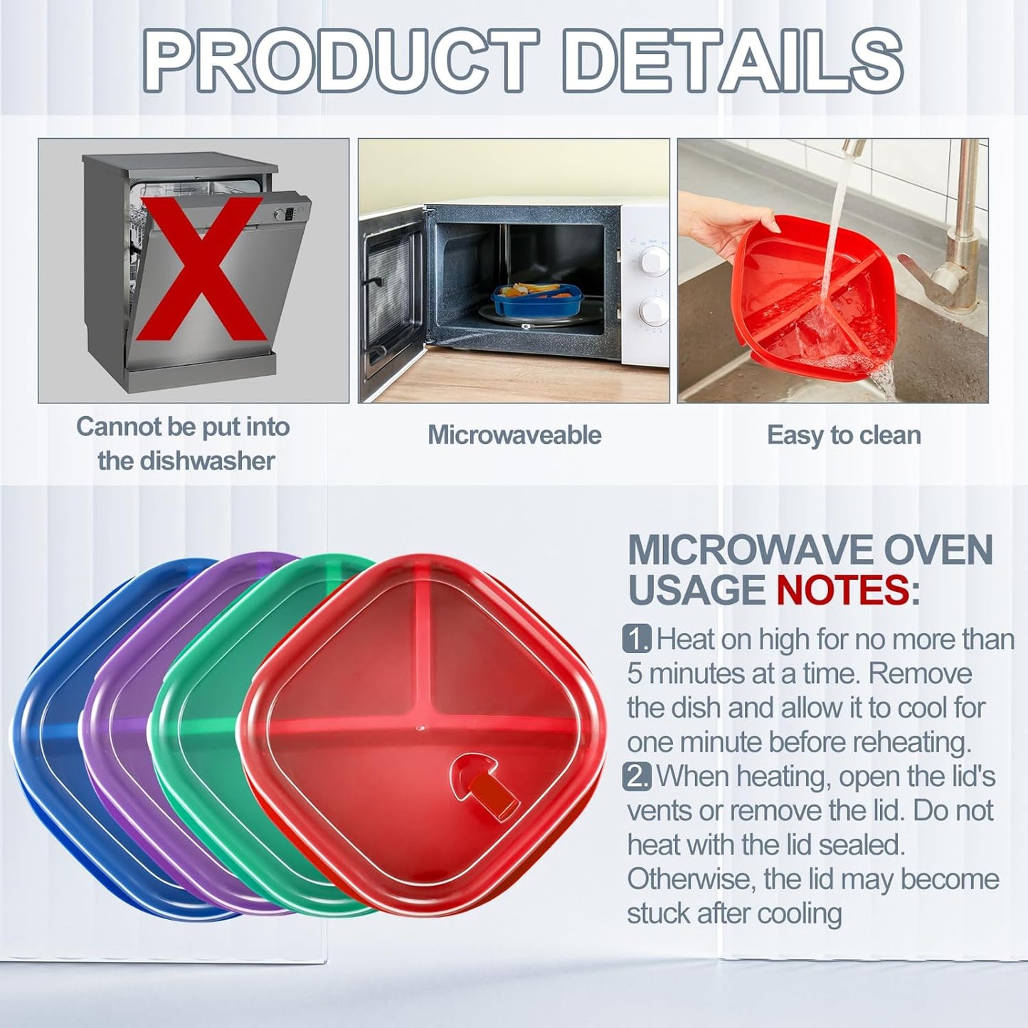 Hushee 4 Pcs Microwave Food Storage Tray Containers with Ventilation Lids 3 Compartment Divided Plates Portion Plate Fits Microwave Fridge(Rectangle,Mixed Colors,10.04 x 6.38 x 2.24 Inch)