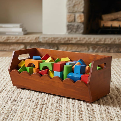 Wood Pantry Organizer Bin with Ergonomic Handles for Potatoes and Bread, Rustic Wooden Storage Basket with Waveshaped Contours and Flat Bottom for Kitchen Pantry or Cabinet