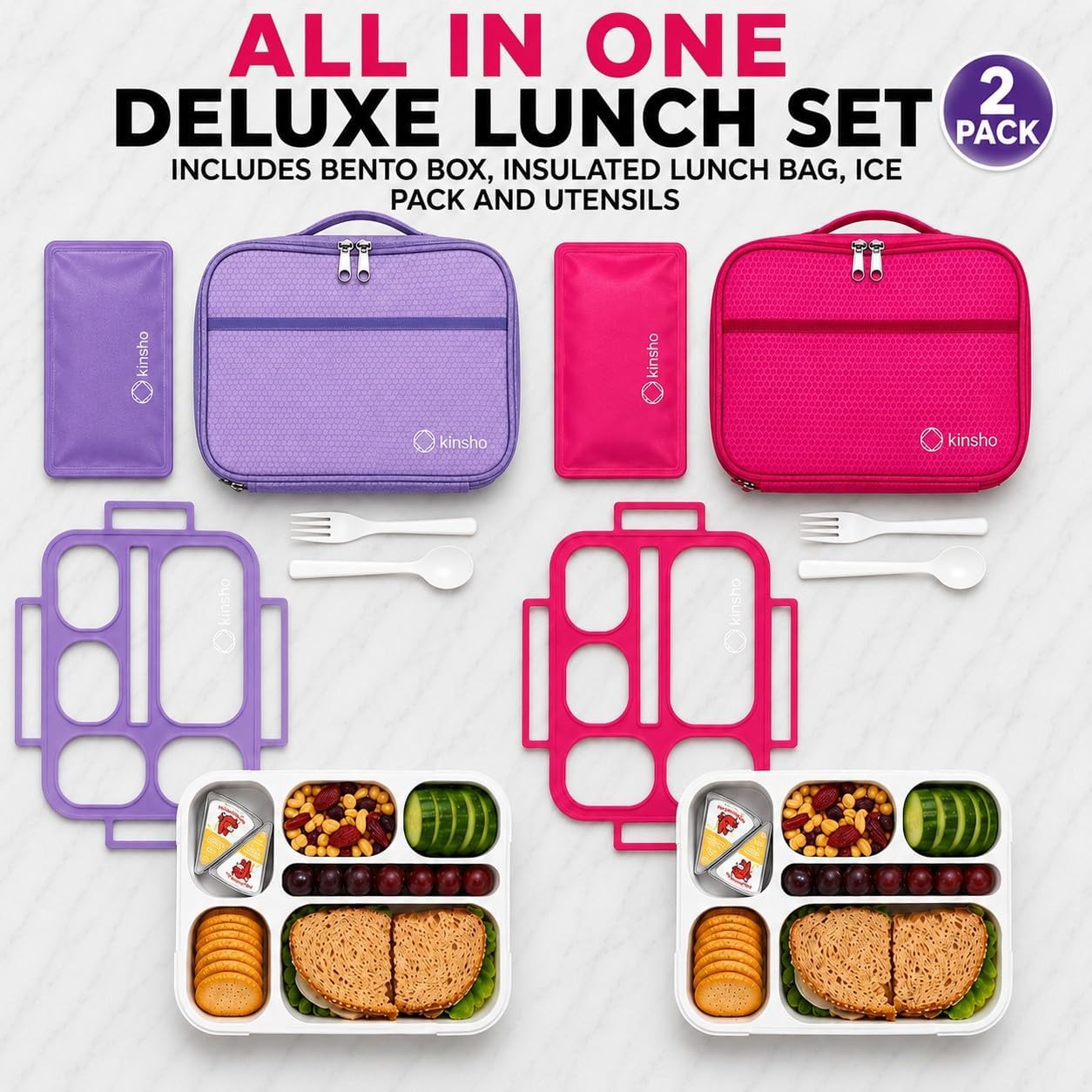 kinsho Lunch Box for Kids Boys Girls - Bento Box Set with Insulated Bag and Ice Pack, 6 Compartment Leak Proof Food Container, BPA-Free, Microwave Safe, Ideal for School & Work, Teal