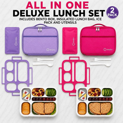 kinsho Lunch Box for Kids Boys Girls - Bento Box Set with Insulated Bag and Ice Pack, 6 Compartment Leak Proof Food Container, BPA-Free, Microwave Safe, Ideal for School & Work, Teal