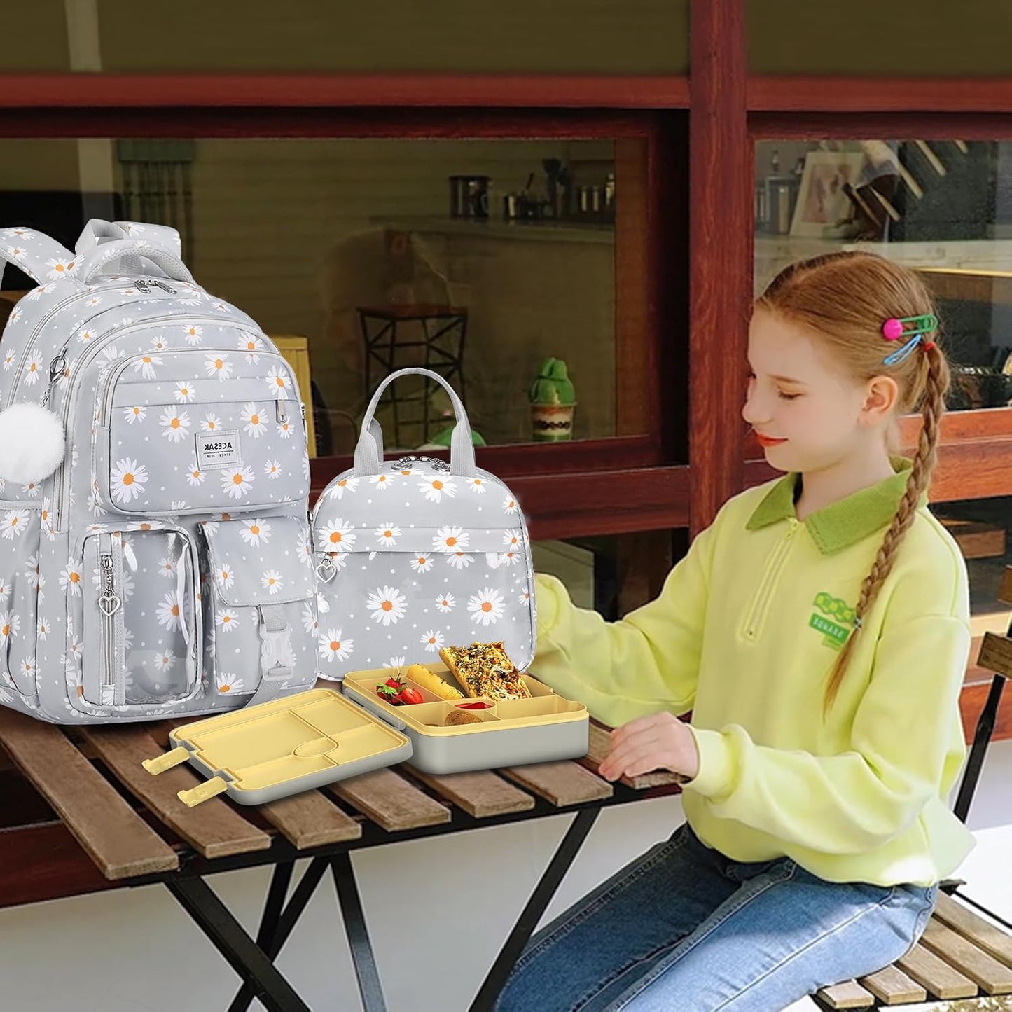 ACESAK Girls Backpack - Bento Box with Insulated Lunch Bag Pencil Case & Utensils Set for Kids, 6 Leakproof Compartments Removable Tray Lunches or Snack Container for School (Gray Daisy)