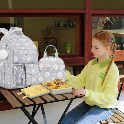 ACESAK Girls Backpack - Bento Box with Insulated Lunch Bag Pencil Case & Utensils Set for Kids, 6 Leakproof Compartments Removable Tray Lunches or Snack Container for School (Gray Daisy)