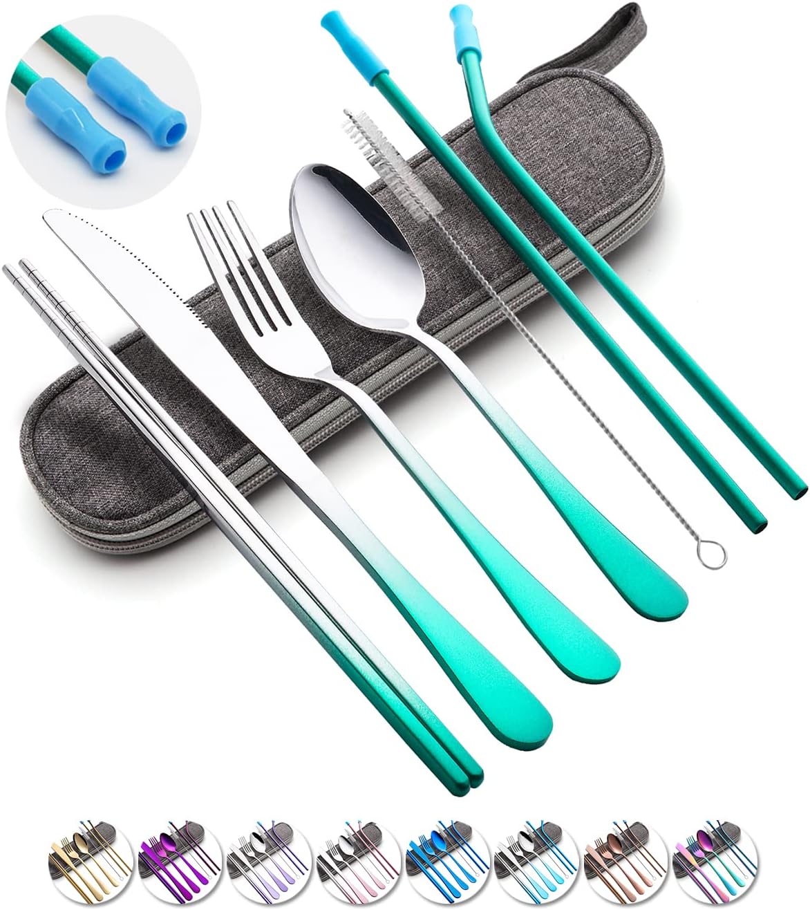 Travel Utensils Set with Case Reusable Portable Cutlery Set Stainless Steel 8pcs Including Dinner Knife Fork Spoon Chopsticks Straws(Rainbow)