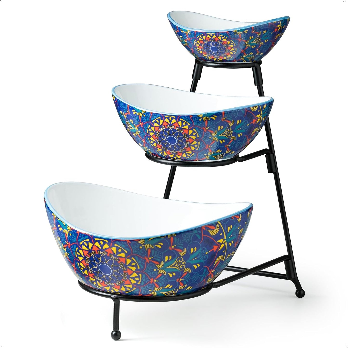YHOSSEUN 3 Tier Serving Stand Oval Serving Bowl with Metal Rack, Tied Serving Bowls Food Display Dessert Appetizer, Chip and Dip Serving Bowl Set for Parties, Gold-45oz / 17.5oz / 7oz