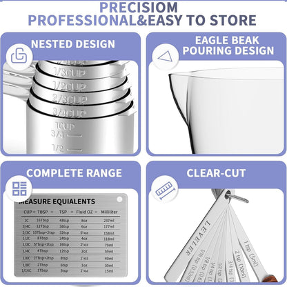 Stainless Steel Measuring Cups and Spoons Set, 6 Stainless Steel Measuring Cups, 7 Measuring Spoons & 1 Leveler, 3 Plastic Measuring Cup with 1 Measuring Conversion Chart