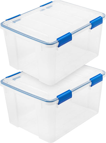 IRIS USA WeatherPro 16 Qt Storage Bins with Lids, 3 Pack, BPA-Free Plastic Gasket Box with Tight Latch and Seal, Stackable Nestable Tote Tub - Clear/Blue