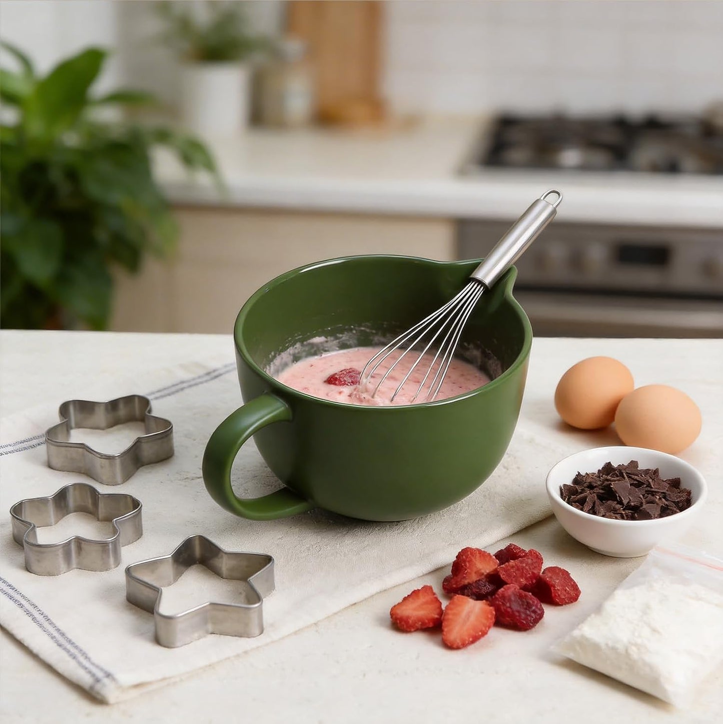 Gaolinci Simple Solid Color Kitchen Ceramic Mixing Bowl, 1 Quart Large Bowl, with Pouring Spout and Handle