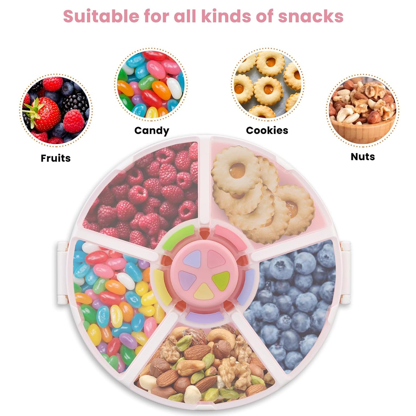 Pawtong Snack Rotator Container Reusable Snack Box with 5 Compartment Dispenser and Lid, Color Matching Opening Lid, BPA and PVC Free, for Home, School, Travel (1 Pack- Pink)