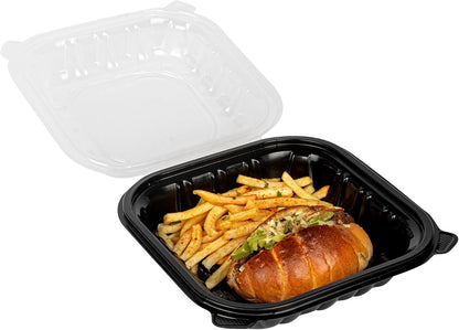 Thermo Tek 40 Ounce Clamshell Containers, 50 Disposable Take Out Boxes - 3 Compartments, Ventilated Lids, Black Plastic Meal Prep Containers, Microwavable, For Pasta Or Salads - Restaurantware