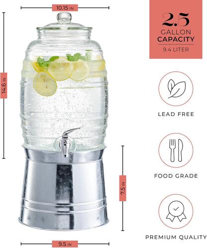 Style Setter Oak Grove Glass Beverage Dispenser with Stand - 2.5 Gallon Drink Dispenser with Galvanized Base & Leak-Proof Acrylic Spigot - Birthday, Wedding, Party Drink Dispenser with Stand