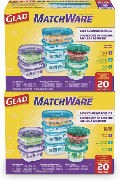 Glad GladWare MatchWare Food Storage Containers with Lids, BPA Free Reusable Plastic 20 Piece Variety Pack for Lunches, Meal Prep, and Leftovers, Leak Resistant, Microwave and Dishwasher Safe