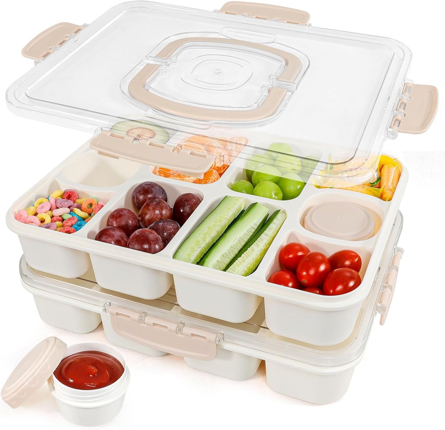 Caperci 2 Pack Snackle Box Container - Portable 10 Compartment Divided Snack Serving Tray with Lid & Handle, Built-in 4 Leak-Proof Sauce Containers, Dishwasher Safe, BPA-Free(Milky White)