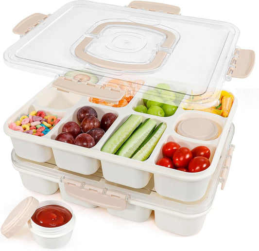 Caperci 2 Pack Snackle Box Container - Portable 10 Compartment Divided Snack Serving Tray with Lid & Handle, Built-in 4 Leak-Proof Sauce Containers, Dishwasher Safe, BPA-Free(Milky White)