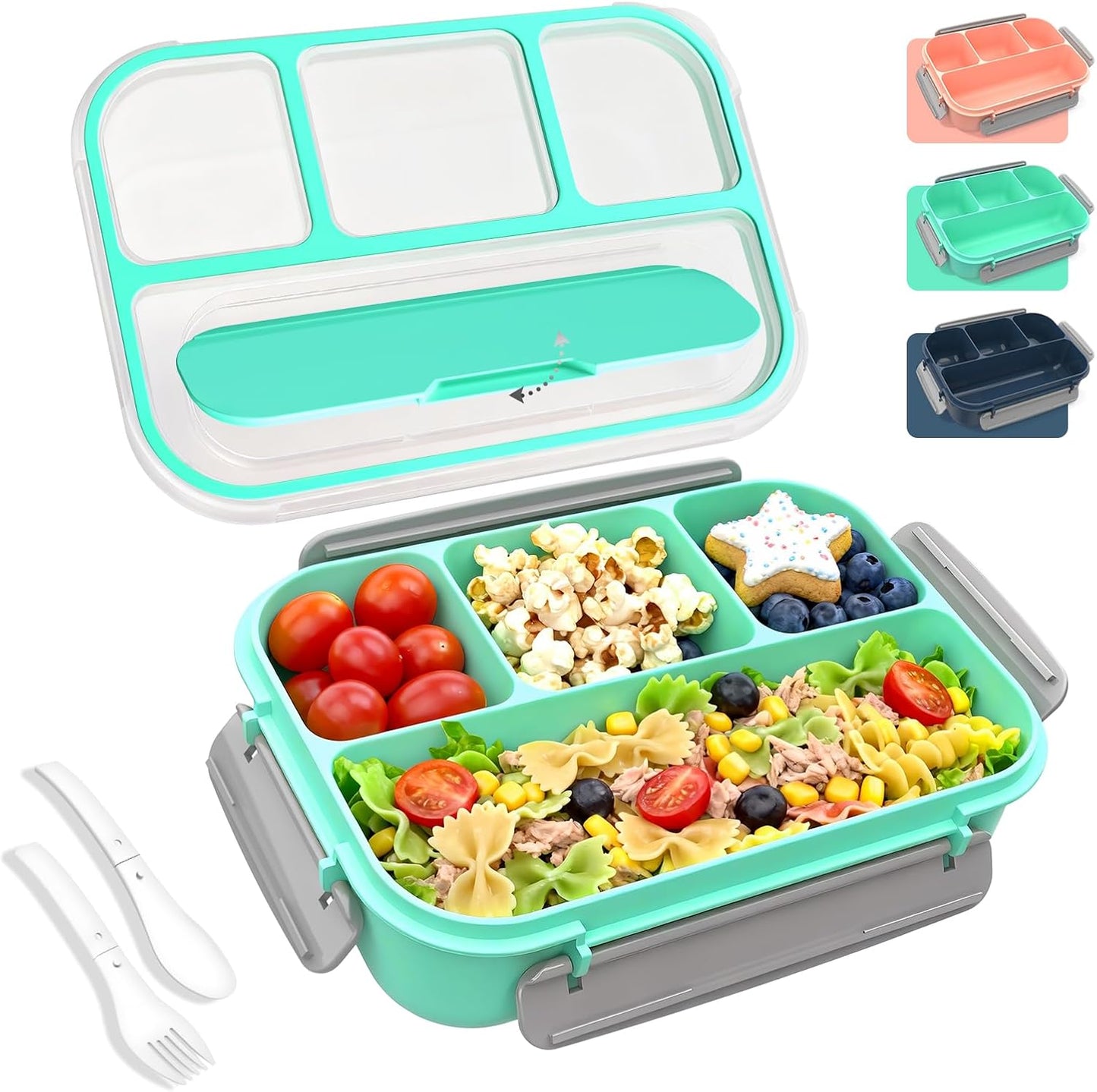 WHALEHOUSE Bento Lunch Box, 1300ML 4 Compartments Meal Prep Container with Utensil, Airtight Food Storage Container with Snap Locking Lids, Microwave/Dishwasher/Freezer Safe, On the Go