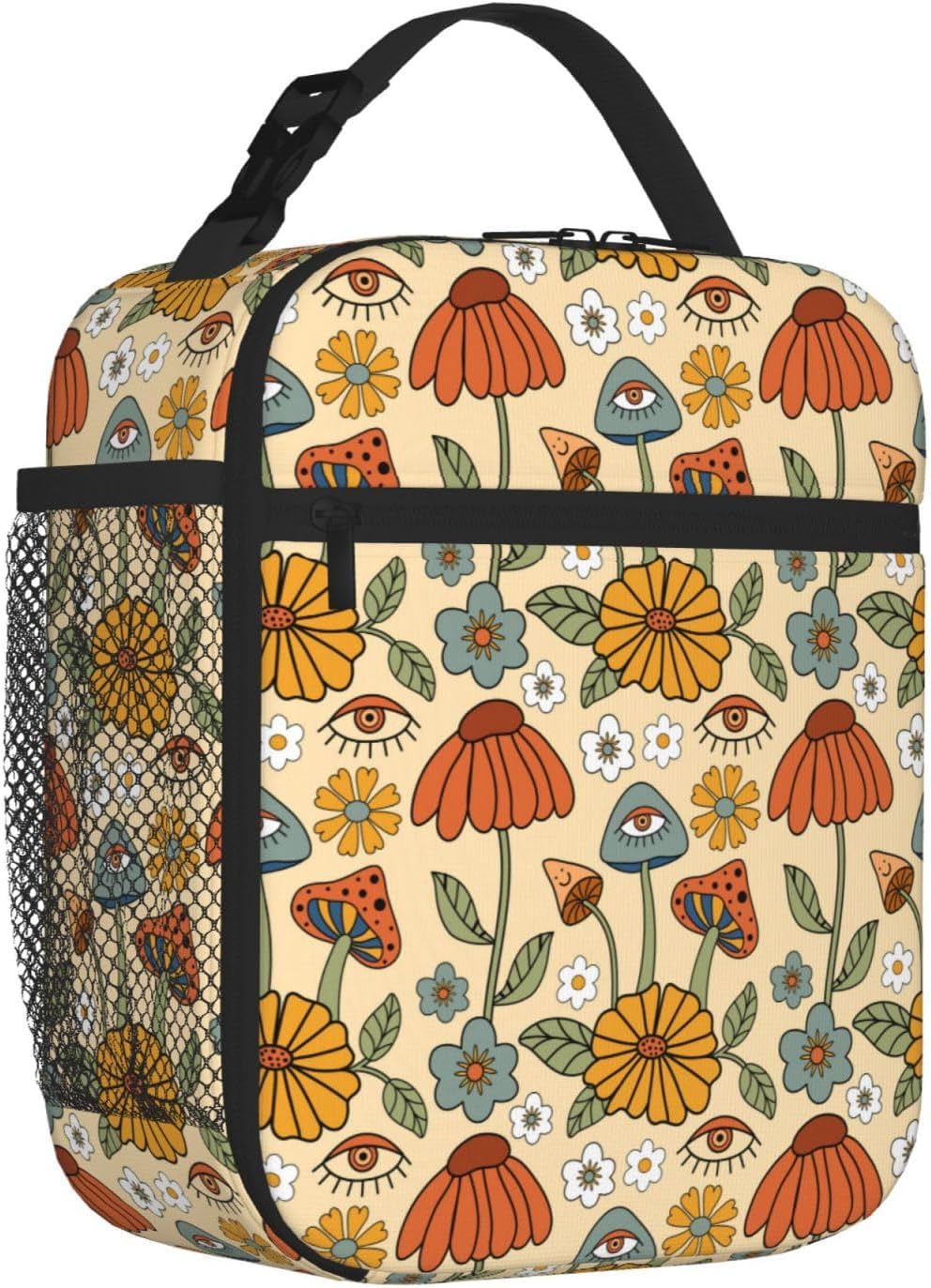70s Retro Mushroom Floral Insulated Lunch Bag Reusable Cooler Lunch Box Portable Leakproof Thermal Container Tote Bags for Girls Boys School Travel