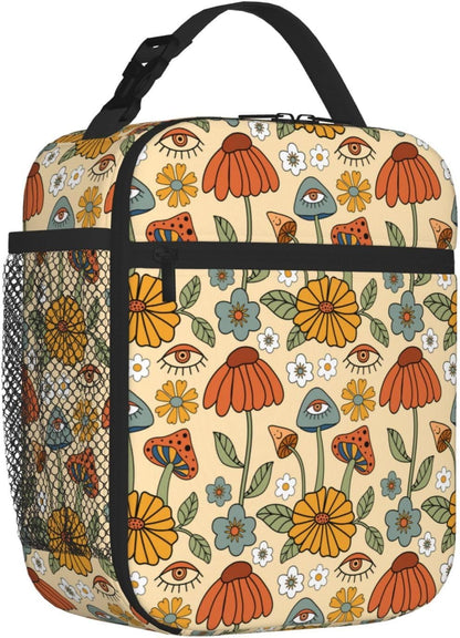 70s Retro Mushroom Floral Insulated Lunch Bag Reusable Cooler Lunch Box Portable Leakproof Thermal Container Tote Bags for Girls Boys School Travel